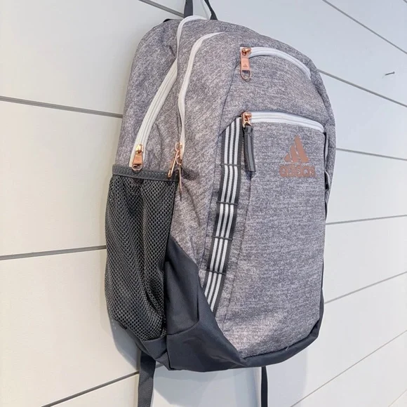 Adidas Gray Backpack Rose Gold Logo School Travel Laptop Bag - Picture 2 of 9